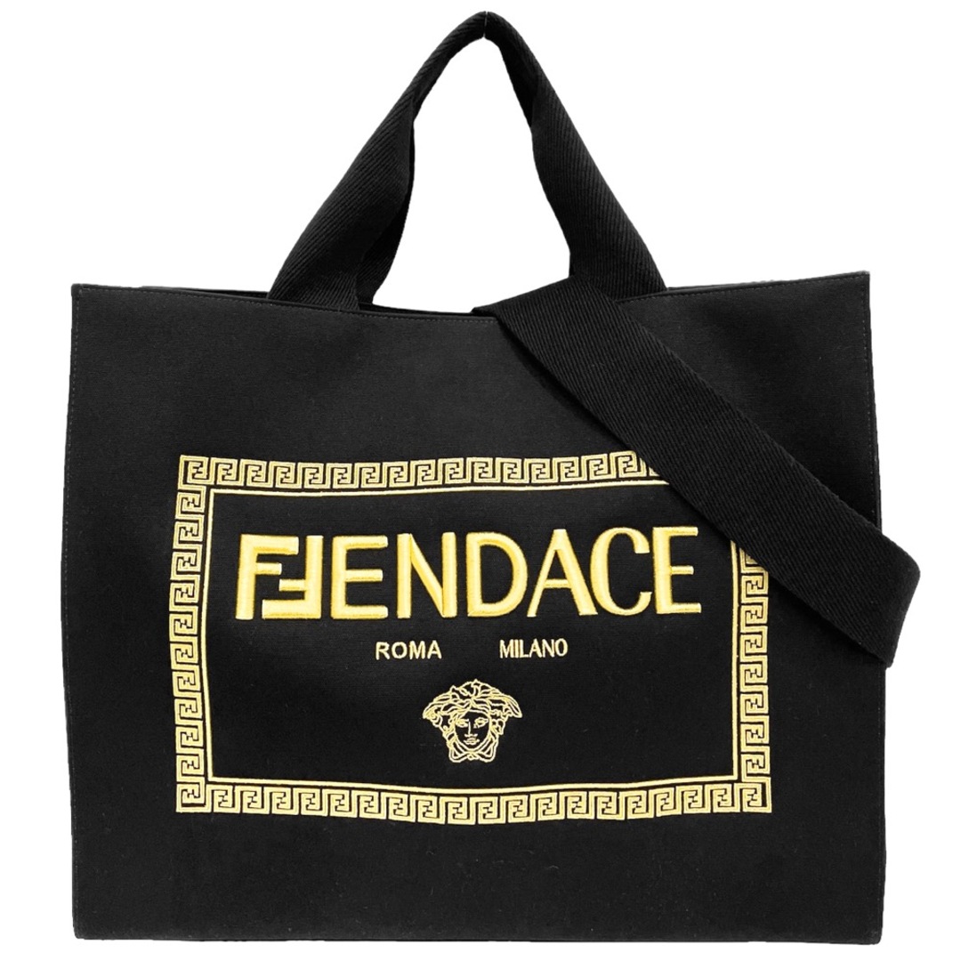 【限定価格】VERSACE ヴェルサーチ 2WAY フェンディ コラボ FENDACE フェンダーチェ ハンドバッグ トートバッグ メデューサ A4対応 肩掛け 鞄 かばん 7VA558 キャンバス    ブラック 黒 ゴールド ゴールド金具 レディース 定番【品】