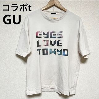 ジーユー(GU)のジーユー　オーバーサイズシャツ　白　プリントシャツ　プリントtシャツ　ロゴシャツ(Tシャツ/カットソー(半袖/袖なし))