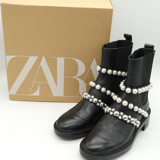 ザラ(ZARA)のザラ ショートブーツ サイドゴア レザー/パールモチーフ シューズ 靴 ブランド 黒 レディース 35サイズ ブラック ZARA(ブーツ)