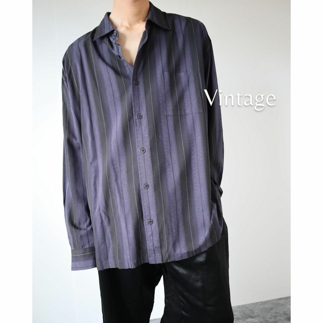 arie長袖シャツ✿【vintage】太ストライプ レーヨン ルーズ 長袖シャツ 2XL 濃紺×黒