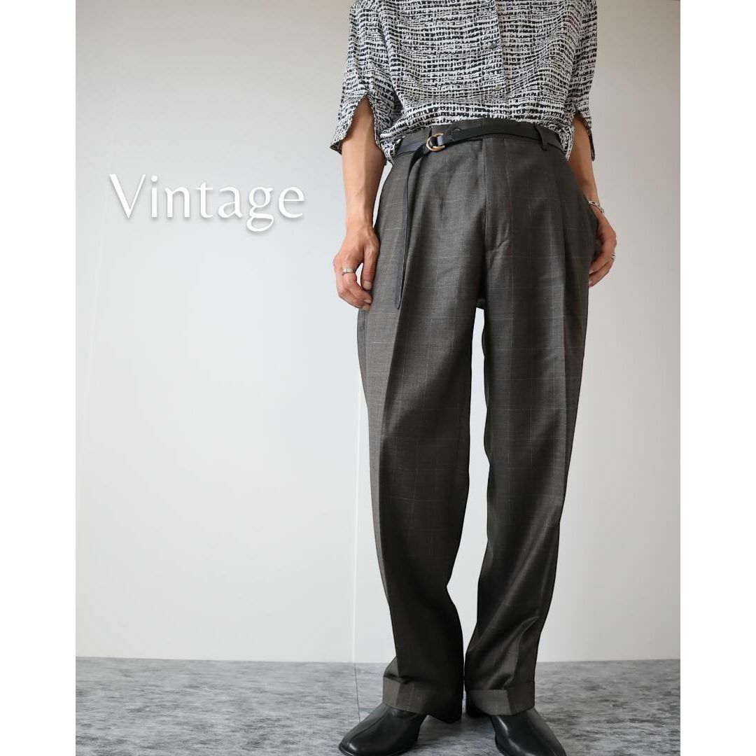 ART VINTAGE(アートヴィンテージ)の【vintage】ウール ウィンドウペン チェック 2タック ワイド スラックス メンズのパンツ(スラックス)の商品写真