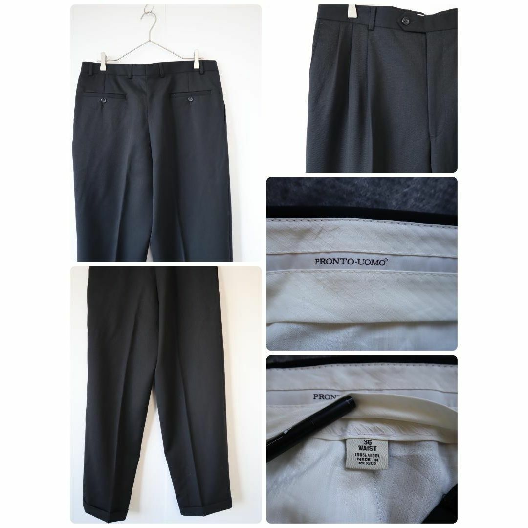 【vintage】ウール 3タック ワイドスラックス ダブル レトロ 黒 W36