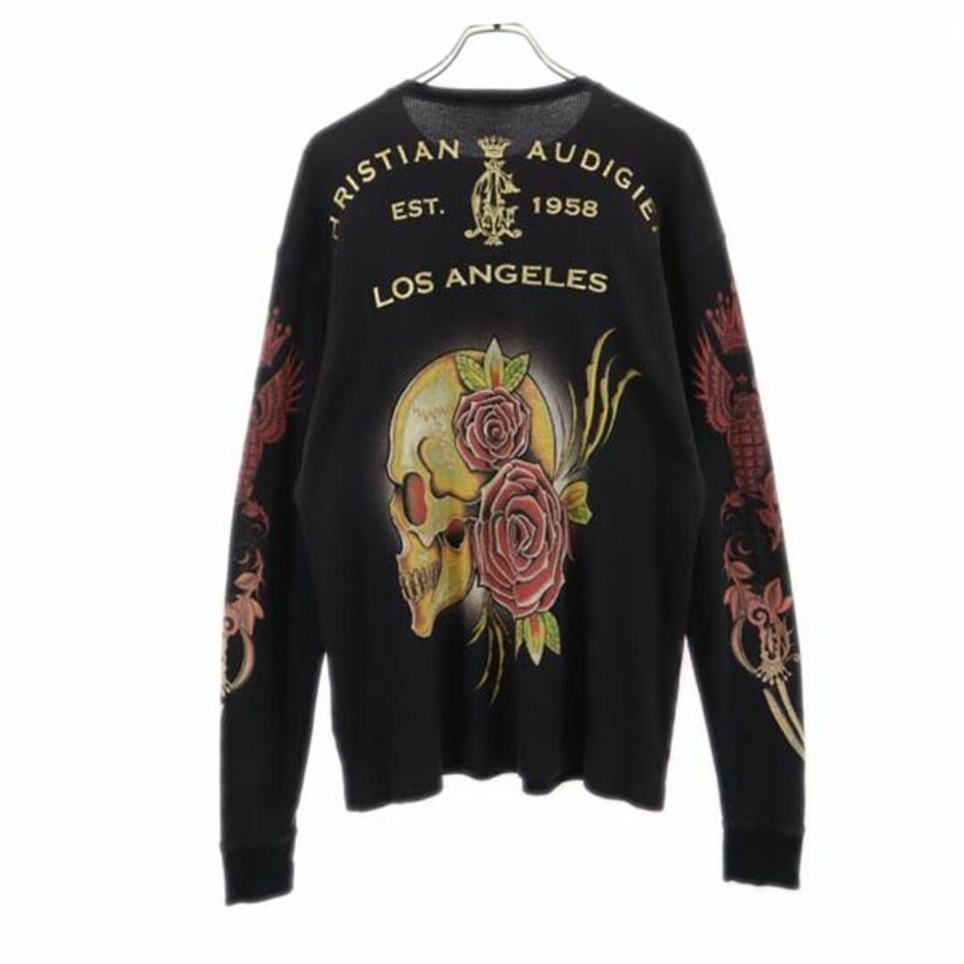 クリスチャンオードジェー USA製 ラインストーン 長袖 Tシャツ S 黒 CHRISTIAN AUDIGIER ワッフル地 ロンT ドクロ スカル  メンズ 【中古】 【230913】