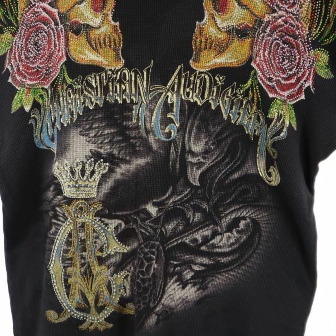 クリスチャンオードジェー USA製 ラインストーン 長袖 Tシャツ S 黒 CHRISTIAN AUDIGIER ワッフル地 ロンT ドクロ スカル  メンズ 【中古】 【230913】