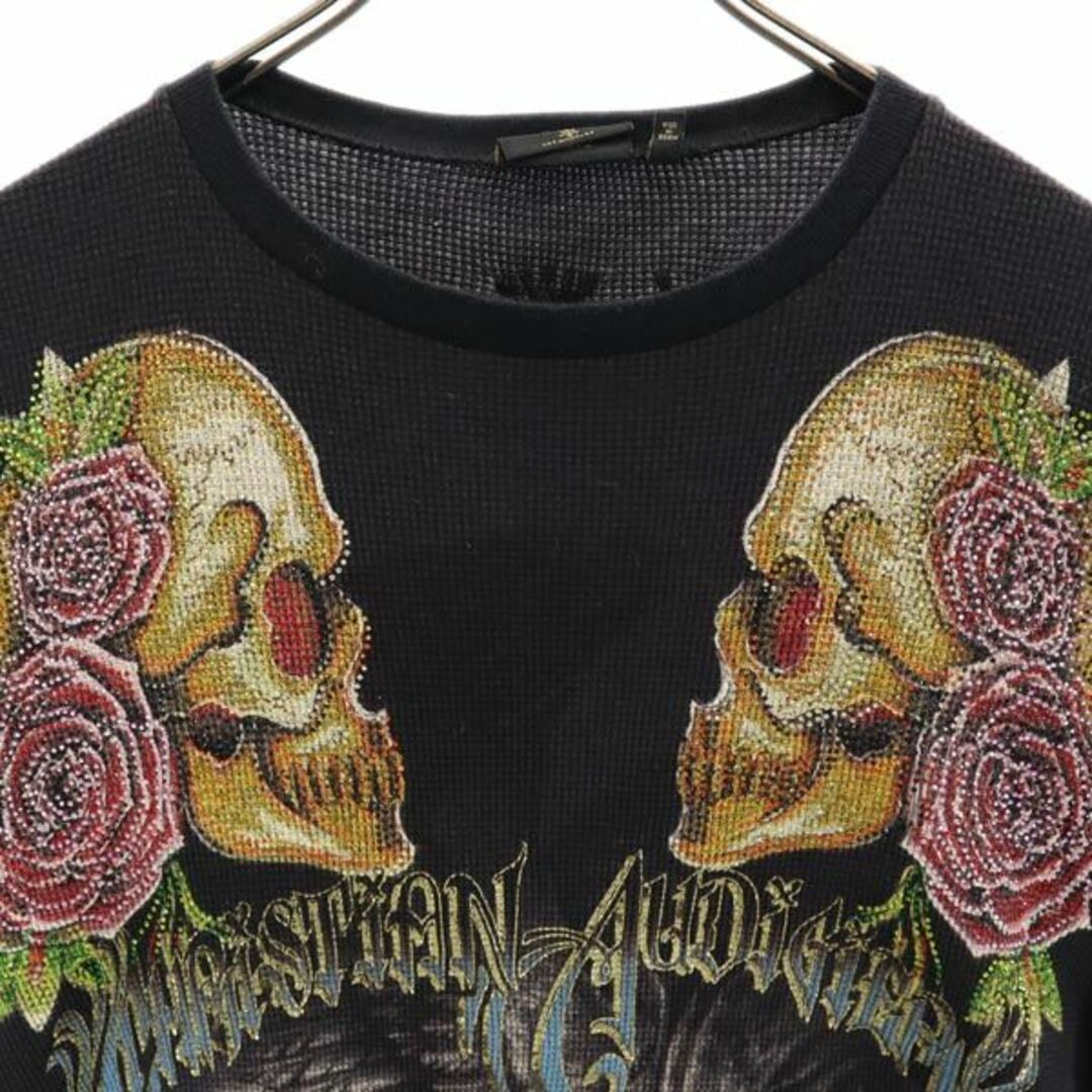 クリスチャンオードジェー USA製 ラインストーン 長袖 Tシャツ S 黒 CHRISTIAN AUDIGIER ワッフル地 ロンT ドクロ スカル  メンズ 【中古】 【230913】