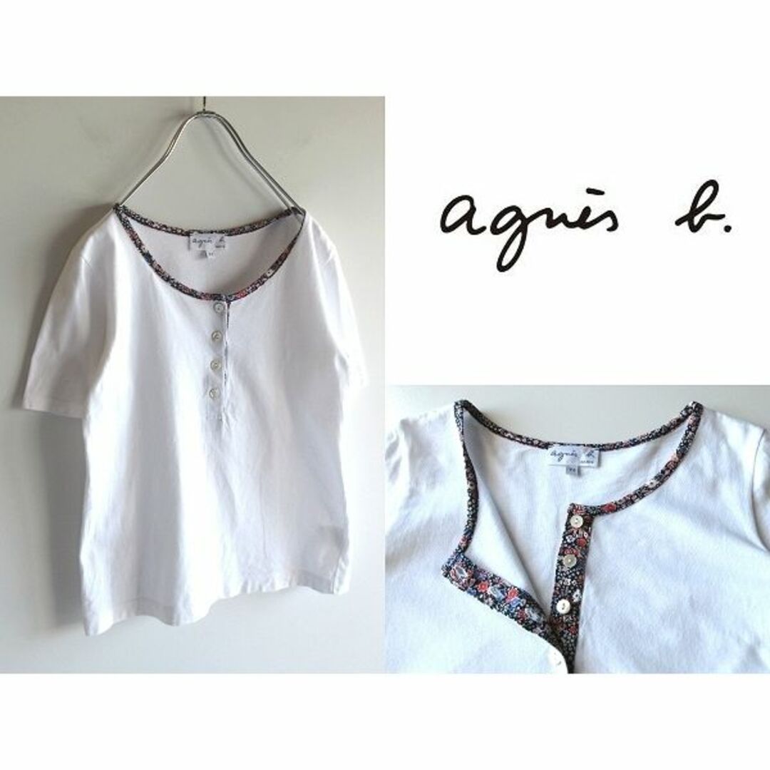 agnes b.(アニエスベー)のアニエスベー 花柄トリム ヘンリーネックTシャツ 半袖 カットソー T1 白 レディースのトップス(シャツ/ブラウス(半袖/袖なし))の商品写真