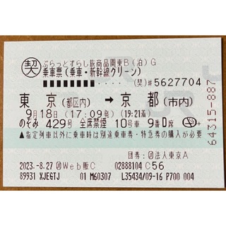 新幹線　東京　京都　指定グリーン(鉄道乗車券)