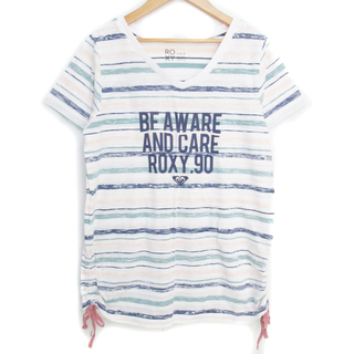 ロキシー(Roxy)のロキシー Tシャツ カットソー 半袖 Vネック ロゴ ボーダー柄 L 白 紺(Tシャツ(半袖/袖なし))