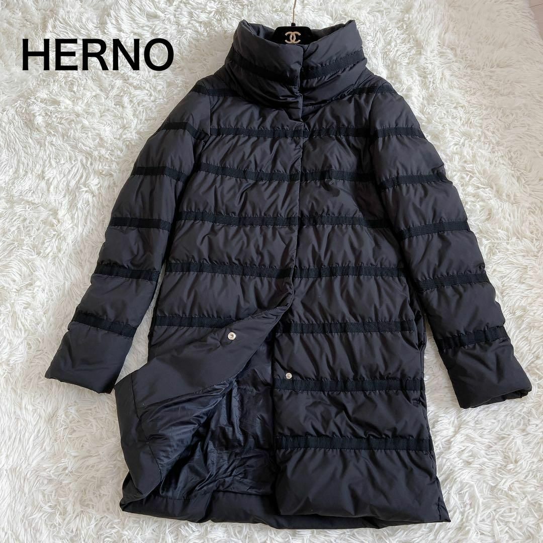 美品☆HERNO ハイネック グログランテープ ボーダー ダウンコート ブラック