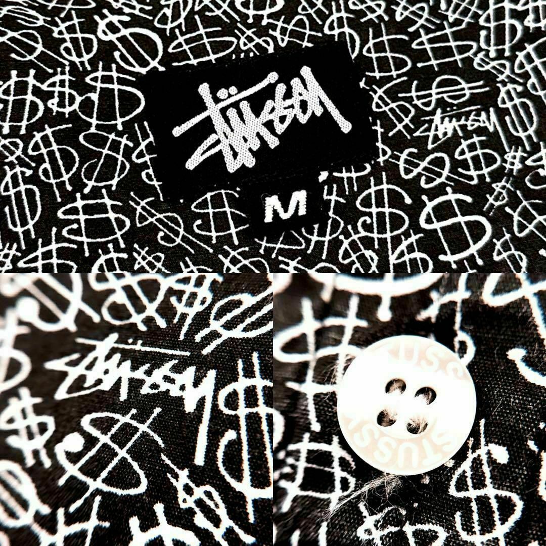 USA製【ステューシー】stussy ドル＄マーク 総柄 半袖シャツ M 黒×白