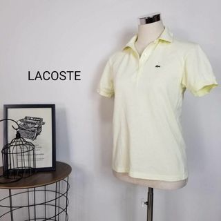 ラコステ(LACOSTE)の美品LACOSTE刺繍ワニロゴ鹿の子ポロシャツ半袖40薄黄ゴルフ テニス(ポロシャツ)