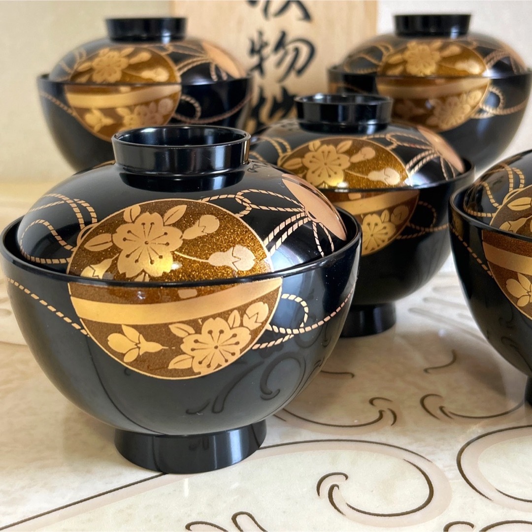 会津塗 乙造作 金彩蒔絵桜鈴文様 お吸物椀 雑煮椀 お椀 5客セット 漆器 汁椀