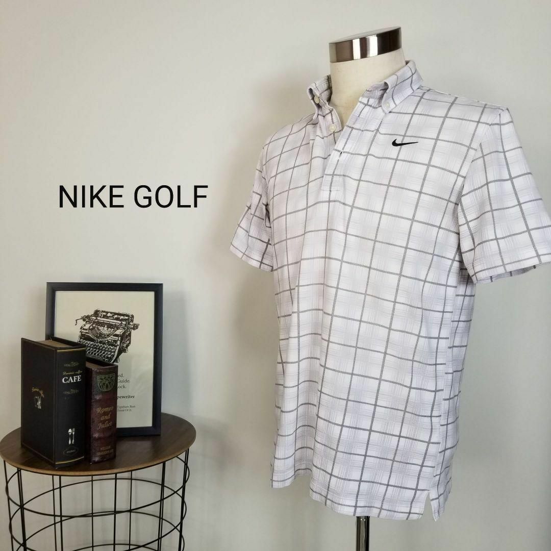 NIKE GOLFボタンダウン鹿の子ポロシャツ半袖メンズM白薄灰ゴルフ テニス