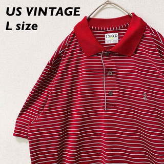 US古着　半袖ポロシャツ　ラガー　ボーダー　ロゴ　男女兼用　Lサイズ　赤色(ポロシャツ)