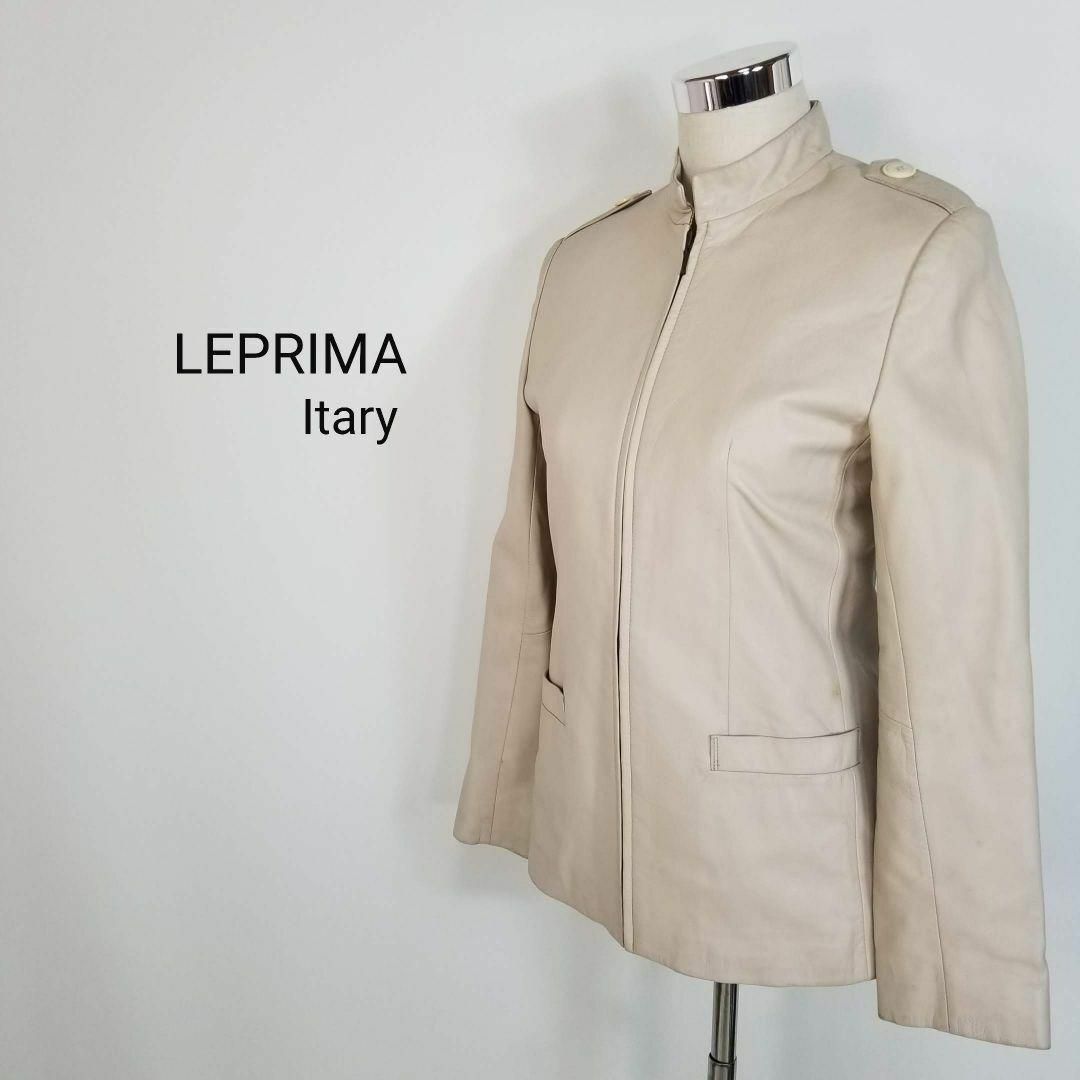 イタリア製LEPRIMA牛革スタンドカラーカーフレザージャケットMベージュ系