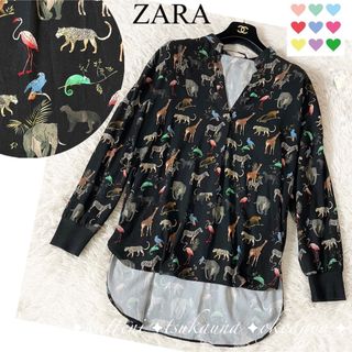 ザラ(ZARA)のZARA ザラ アニマル柄 総柄 スキッパー シャツ ブラウス 長袖 レトロ 黒(シャツ/ブラウス(長袖/七分))