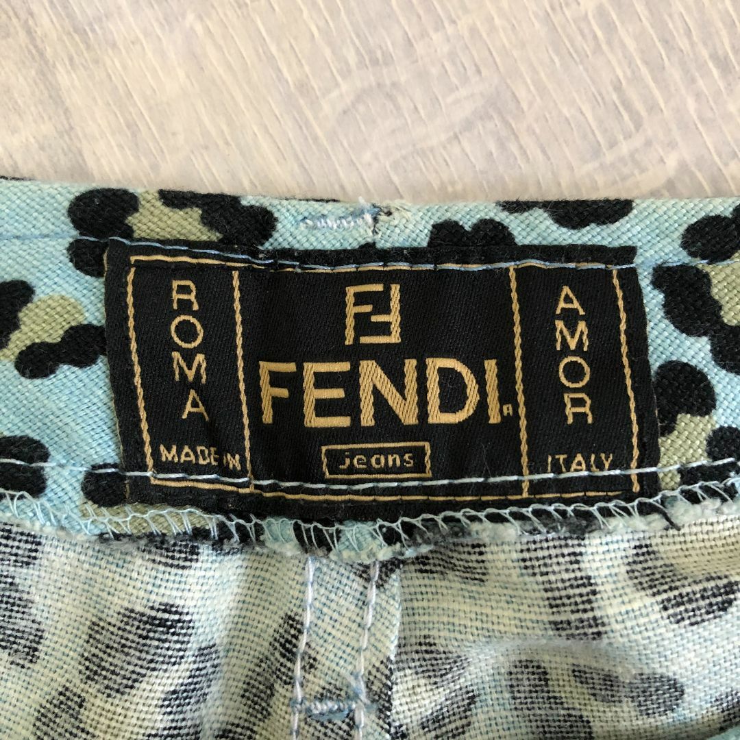 FENDI フェンディ 豹柄 ヒョウ レオパード 麻 コットン パンツ ブルー
