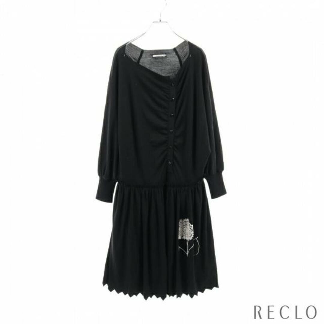 forest baby ワンピース ウール ブラック フロッキープリント カットオフワンピース