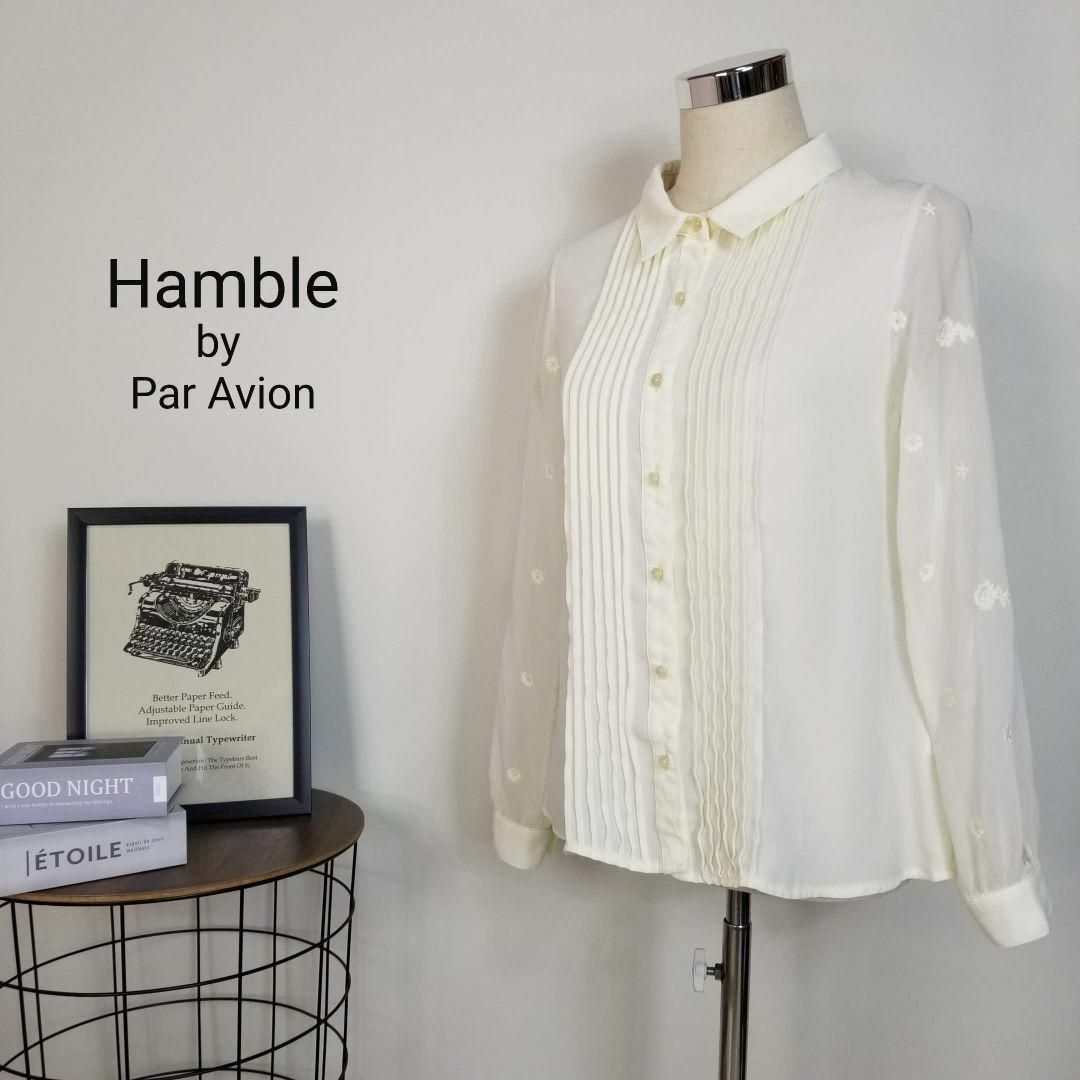 Hamble by Par Avion(ハンブルバイパラビオン)の美品Hamble by Par Avionフラワー刺繍ピンタックシアーブラウスF レディースのトップス(シャツ/ブラウス(長袖/七分))の商品写真