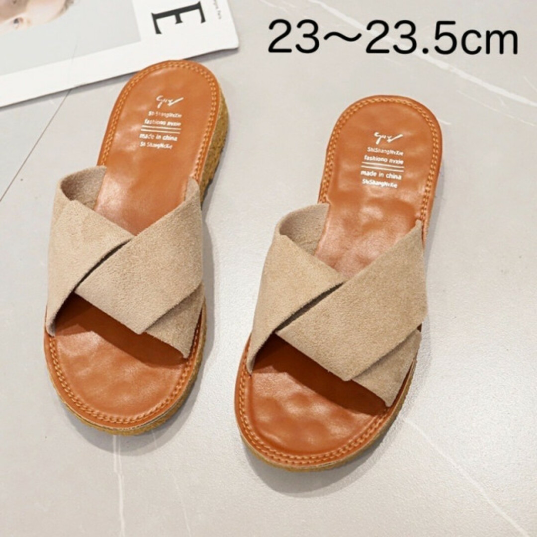サンダル カジュアル ぺたんこ 韓国 スクエア 23 23.5 ベージュ レディースの靴/シューズ(サンダル)の商品写真