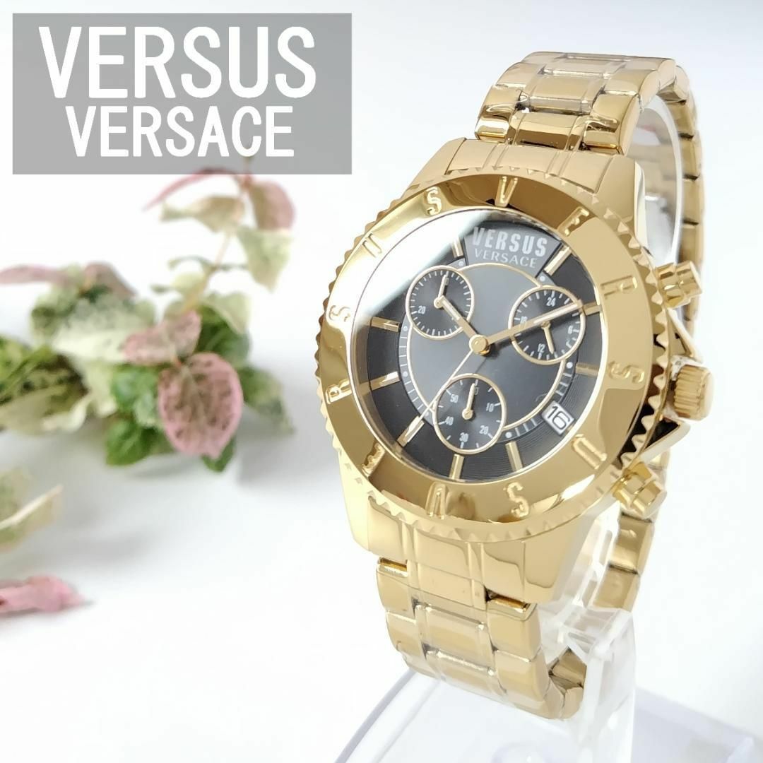 メタリックゴールド/ブラック新品メンズ腕時計ヴェルサス ヴェルサーチクロノグラフ