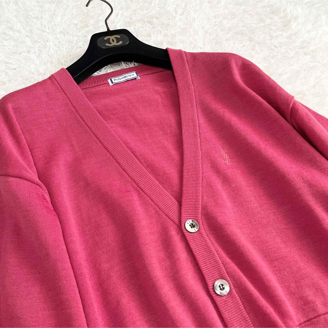 イヴサンローラン カーディガン ニット ボレロ ロゴ刺繍 シェルボタン リネン混