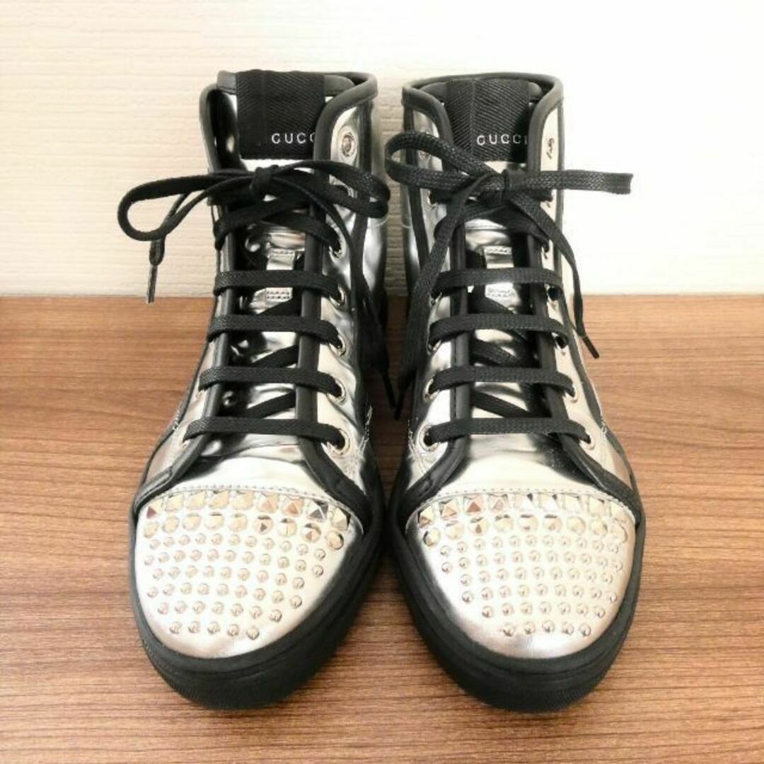 良品 グッチ スタッズ メタリック レザー ハイカット スニーカー 35-