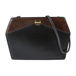 サルヴァトーレフェラガモ(Salvatore Ferragamo)のSalvatore Ferragamo サルヴァトーレ フェラガモ  バッグ ショルダーバッグ E 21 8611 カーフ  リザード柄 型押しレザー ブラック ブラウン ゴールド金具 ヴィンテージ 【本物保証】(ショルダーバッグ)