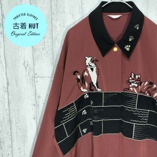 レトロ アニマル長袖シャツ アート柄 デザイン古着 レトロボタン 昭和