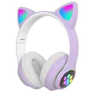 ネコ耳 猫耳　Bluetooth イヤホン LED付 ヘッドフォン パープル(ヘッドフォン/イヤフォン)