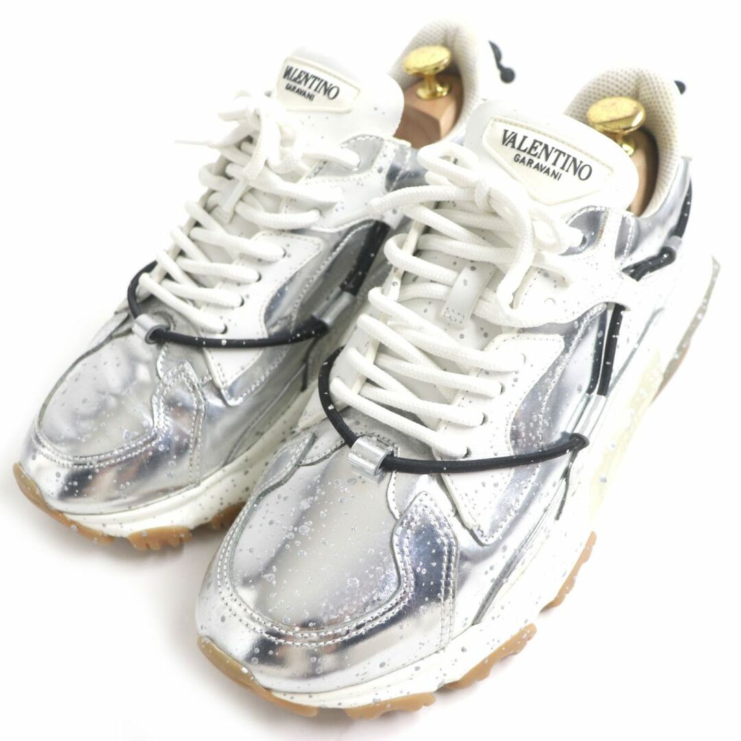 極美品▼VALENTINO ヴァレンティノ メタリック ペイント ドローコード付 スプラッタバウン レザースニーカー シルバー×白 41 メンズ 伊製