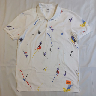 ザラ(ZARA)の極美品ザラZARAペイントポロシャツ メンズXL送料無料ホワイト(ポロシャツ)