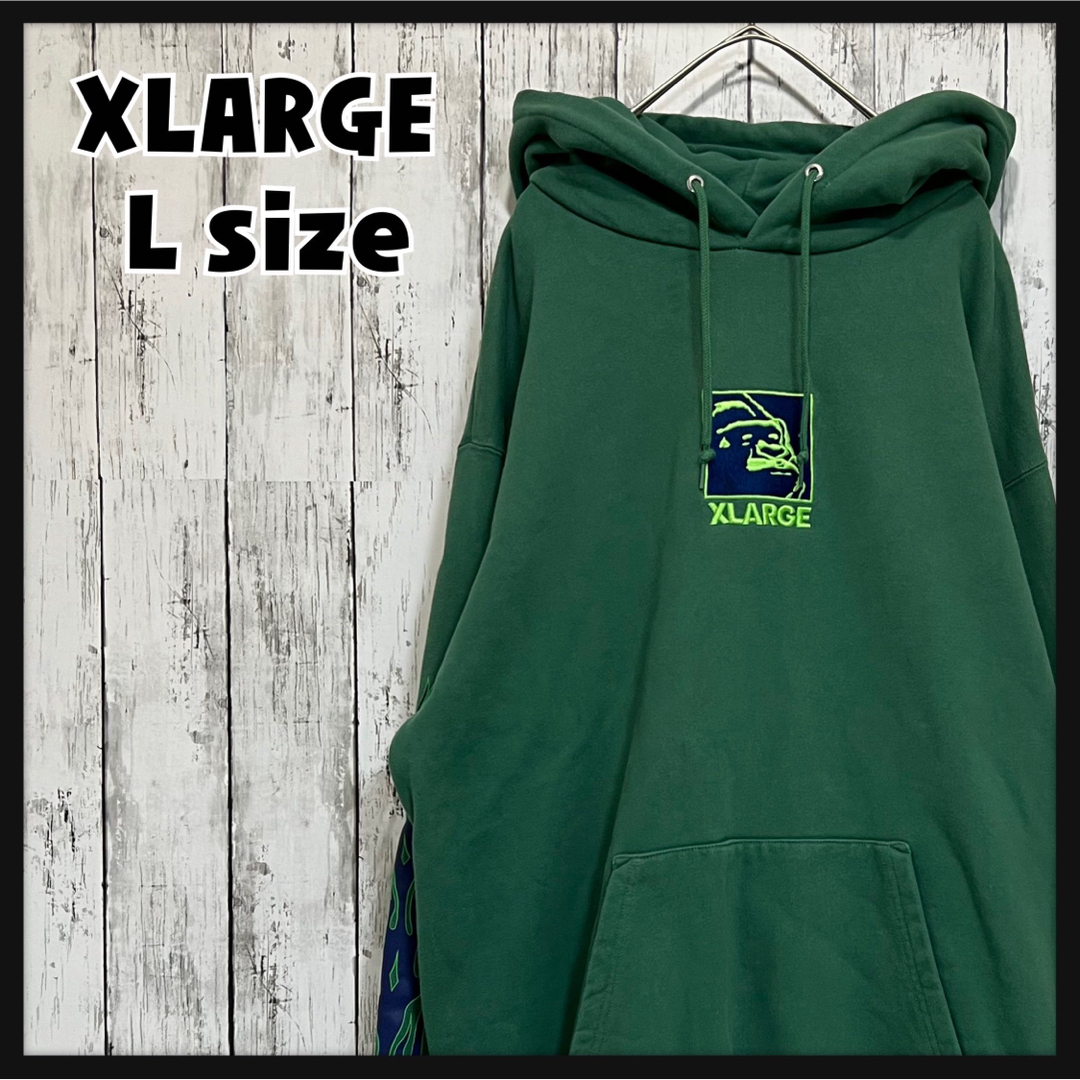 エクストララージ/XLARGE 刺繍ロゴ ファイヤーパターン パーカー 緑 L-