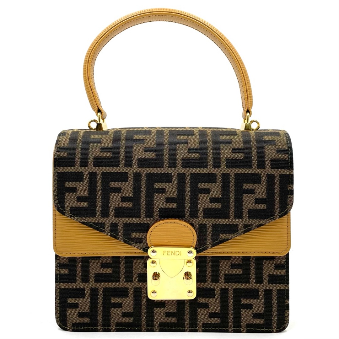 【在庫処分】FENDI フェンディ ハンドバッグ ズッカ トップハンドル ダブルフラップ ジャガード 肩掛け 鞄 かばん キャンバス  レザー   ブラウン 茶 イエロー ゴールド金具 レディース 定番【品】