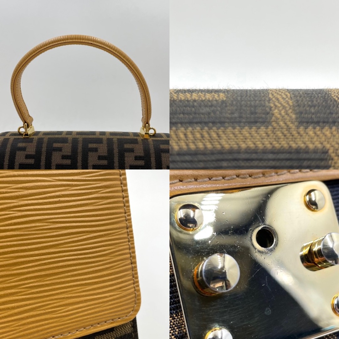 【在庫処分】FENDI フェンディ ハンドバッグ ズッカ トップハンドル ダブルフラップ ジャガード 肩掛け 鞄 かばん キャンバス  レザー   ブラウン 茶 イエロー ゴールド金具 レディース 定番【品】