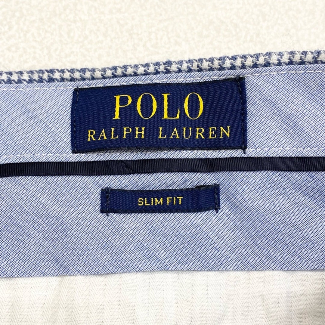 Ralph Lauren(ラルフローレン)の【中古】ポロ ラルフローレン POLO RALPH LAUREN コットン スラックス 千鳥格子柄 テーパード ワンタック SLIM FIT サイズ：W34 L32 ライトブルー系 メンズのスーツ(スラックス/スーツパンツ)の商品写真