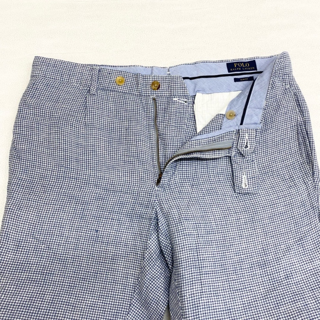 Ralph Lauren(ラルフローレン)の【中古】ポロ ラルフローレン POLO RALPH LAUREN コットン スラックス 千鳥格子柄 テーパード ワンタック SLIM FIT サイズ：W34 L32 ライトブルー系 メンズのスーツ(スラックス/スーツパンツ)の商品写真