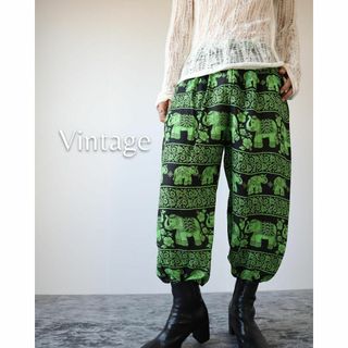 アートヴィンテージ(ART VINTAGE)の【vintage】エスニック 総柄 バイカラー ワイド イージーパンツ 黒 緑(スラックス)