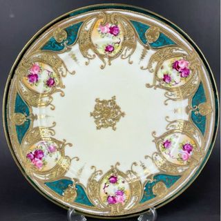 ノリタケ(Noritake)のオールドノリタケ 25.4㎝ 薔薇文金盛りプレート 大皿 バラ グリーン 金彩(食器)