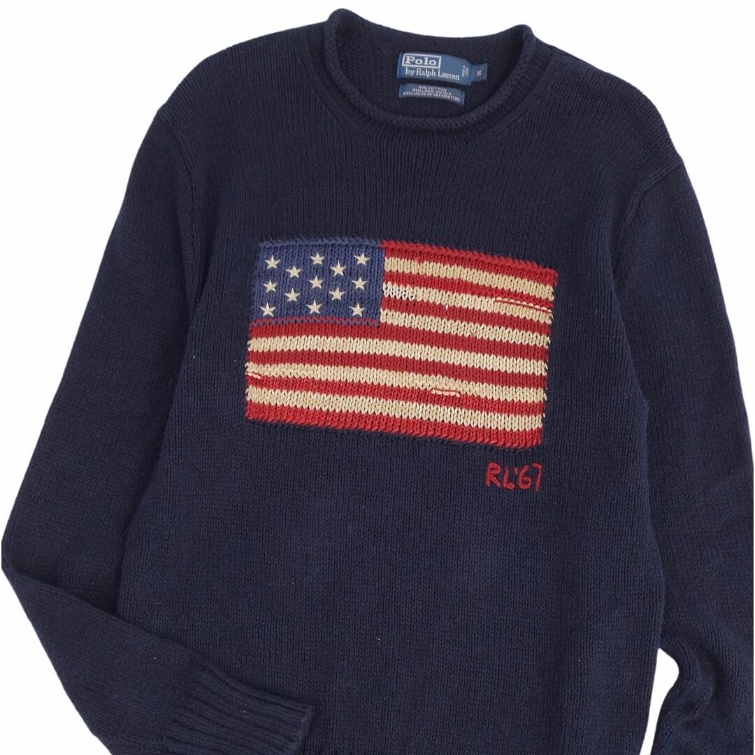 美品 ポロラルフローレン POLO RALPH LAUREN ニット セーター ロングスリーブ 星条旗 トップス メンズ S ネイビー