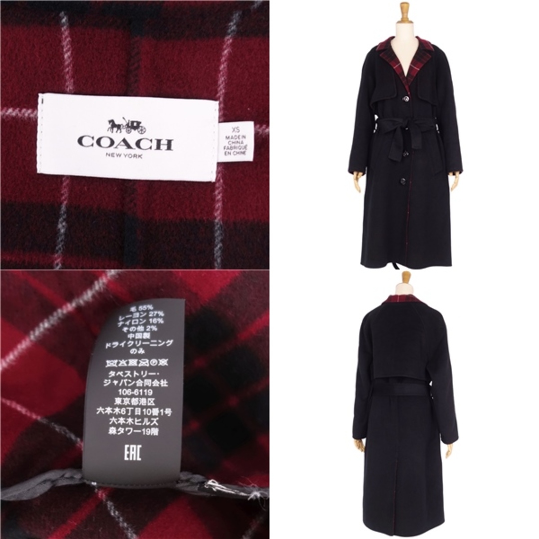 極美品 コーチ COACH コート ロングコート 裏チェック ロゴボタン ウール アウター レディース XS ブラック/ボルドー