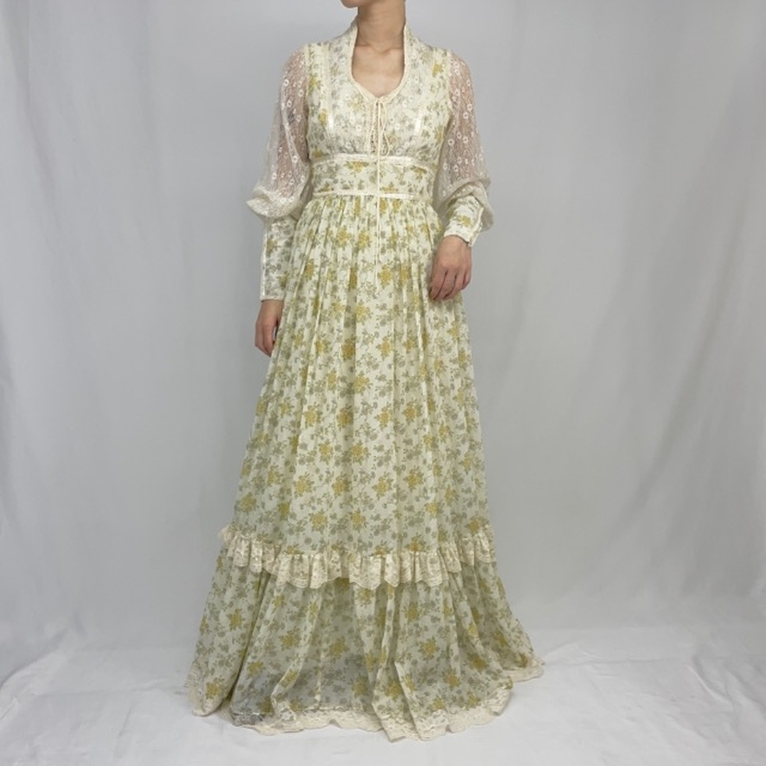 70年代 ガンネサックス GUNNE SAX Jessica 花柄 マキシ丈 長袖 フレア ワンピース USA製 レディースM ヴィンテージ /evb002252