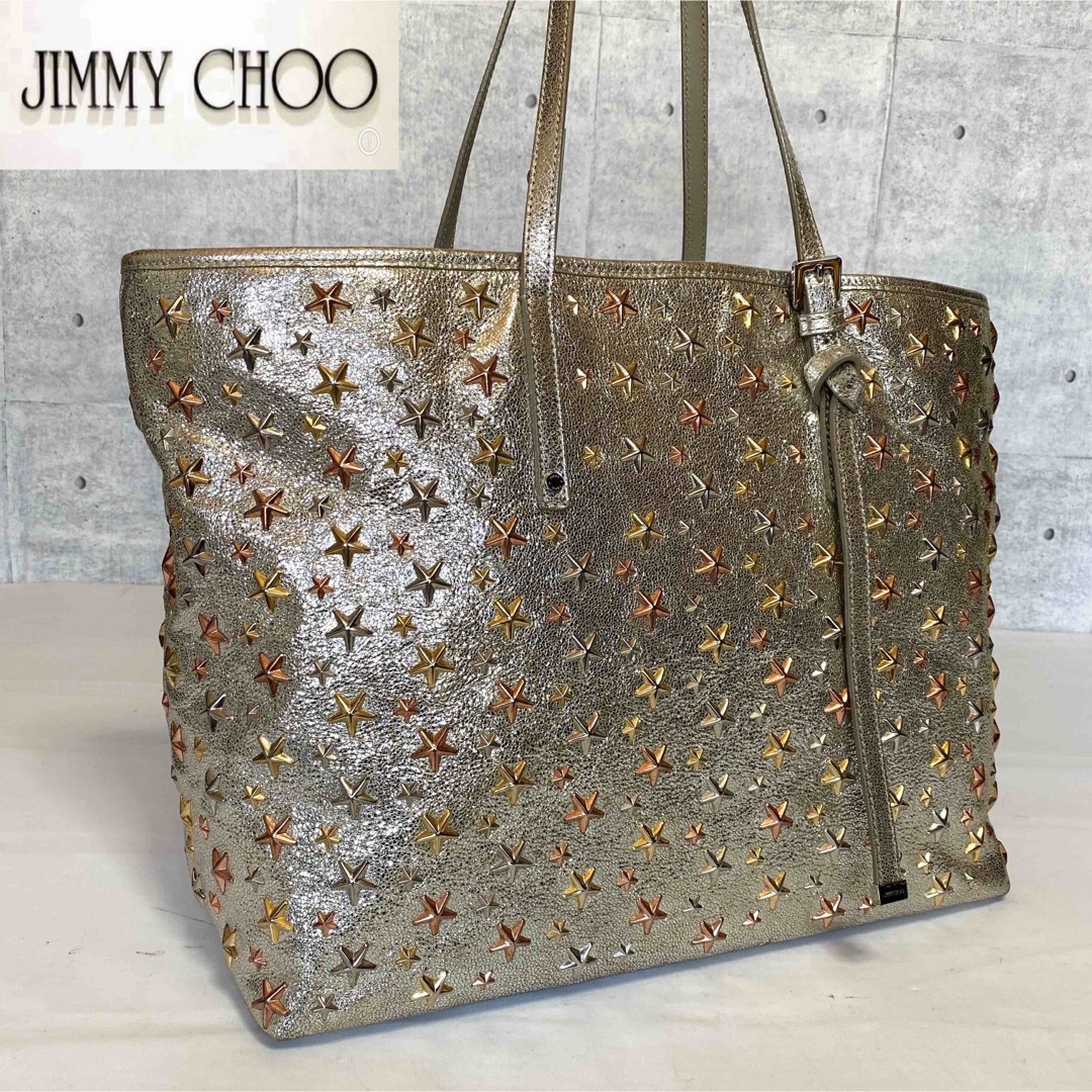 【美品】JIMMY CHOO SASHA/M シルバー 3色スタッズトートバッグ