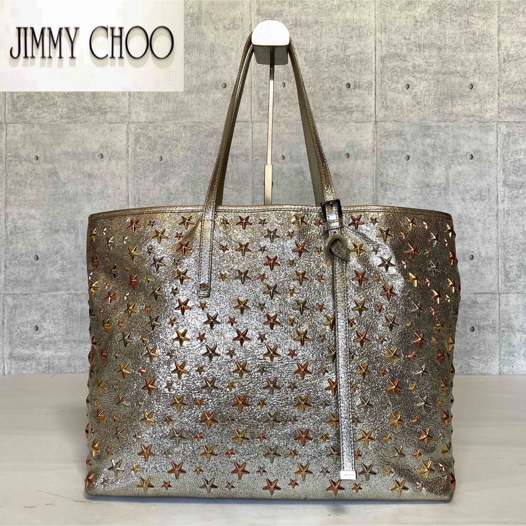 JIMMY CHOO - 【美品】JIMMY CHOO SASHA/M シルバー 3色スタッズトート