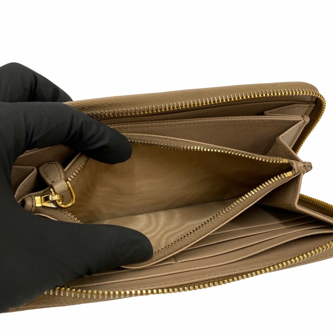 箱付き プラダ サフィアーノ レザー 三角ロゴ ベージュ 二つ折り財布 財布