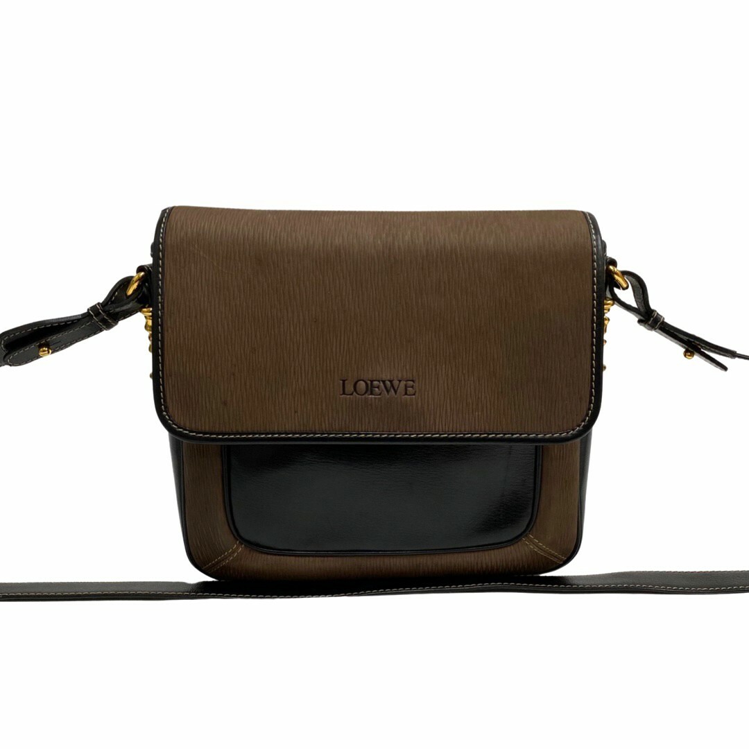 極 美品 LOEWE ロエベ ベラスケス ツイスト 金具 ロゴ レザー 本革 ショルダーバッグ ポシェット サコッシュ ブラウン ブラック 17246約8cmショルダー