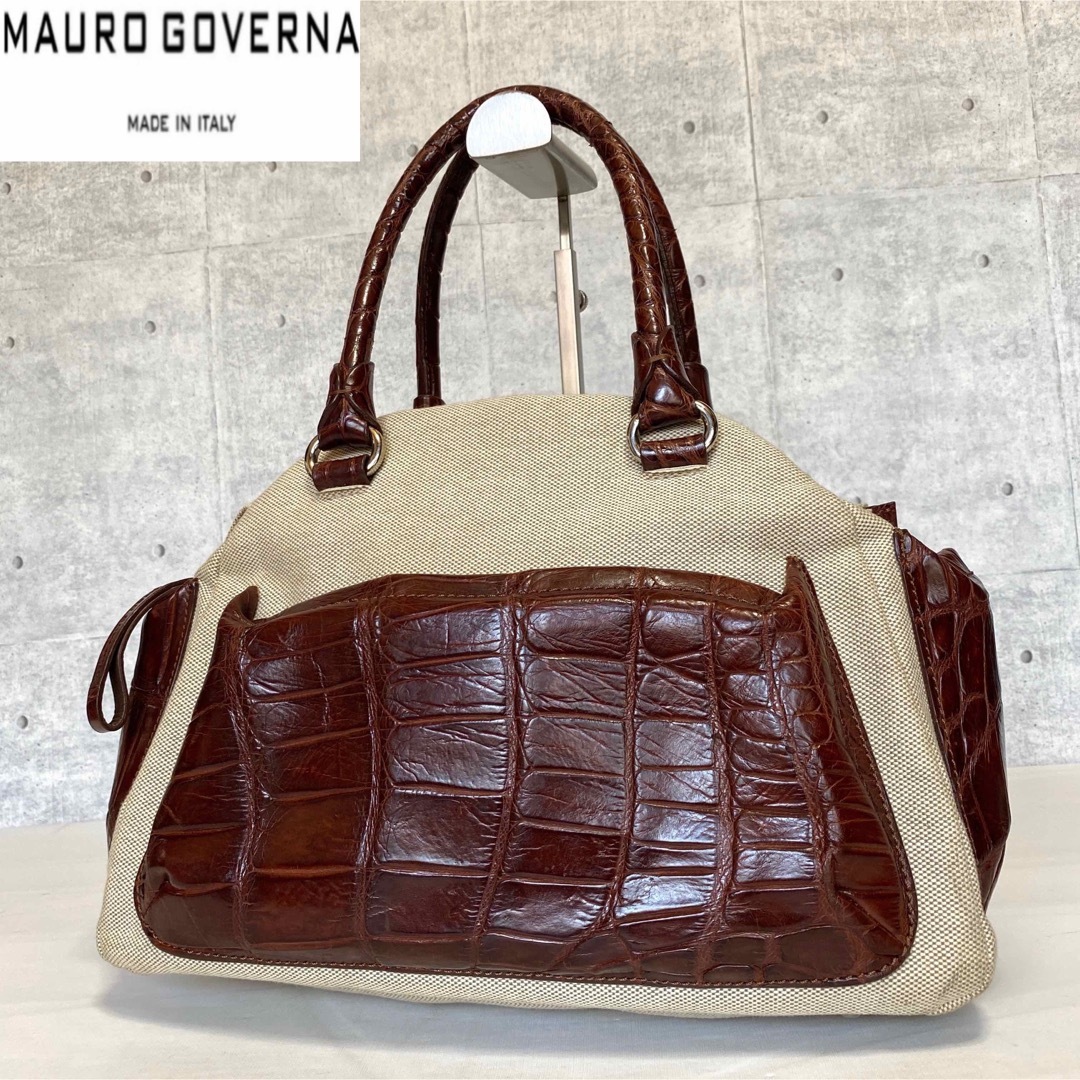 【MAURO GOVERNA】キャンバス×クロコダイル 肩掛け ハンドバッグ