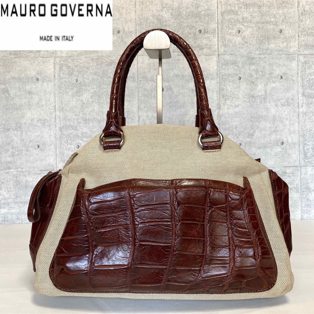 MAURO GOVERNA】キャンバス×クロコダイル 肩掛け ハンドバッグ-