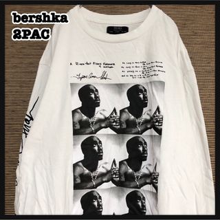 ベルシュカ(Bershka)の【ベルシュカ】ロンT　2PAC 総柄　白T　袖ロゴ　バンドT　ミュージック27(Tシャツ/カットソー(七分/長袖))