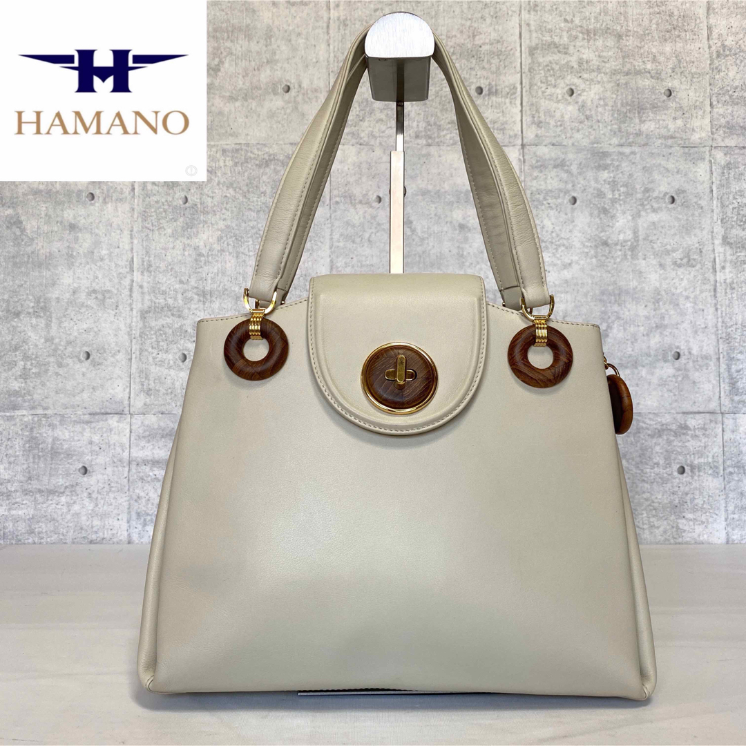 良品】HAMANO 濱野皮革工藝 皇室御用達 オフホワイト レザーハンドバッグ-